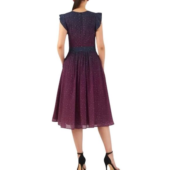 eShakti Purple and Dark Fuchsia Ombré Star Print Georgette Ruffle Midi Dress - Picture 2 of 10